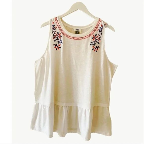 NWT Old Navy White Peplum Sleeveless Top with Blue and Red Embroidery SZ XL - Picture 1 of 7